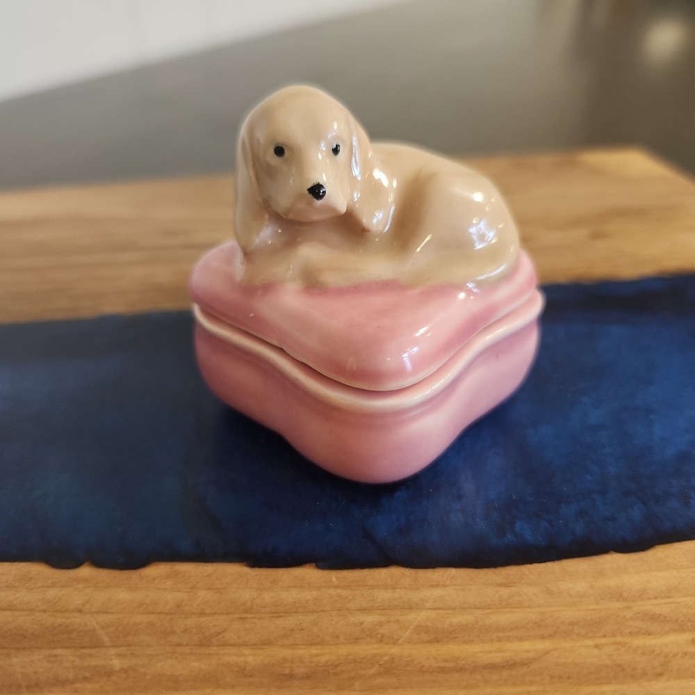 Vintage Ceramic Puppy Dog On Pink Pillow Trinket Box Adorable Handmade Jewelry